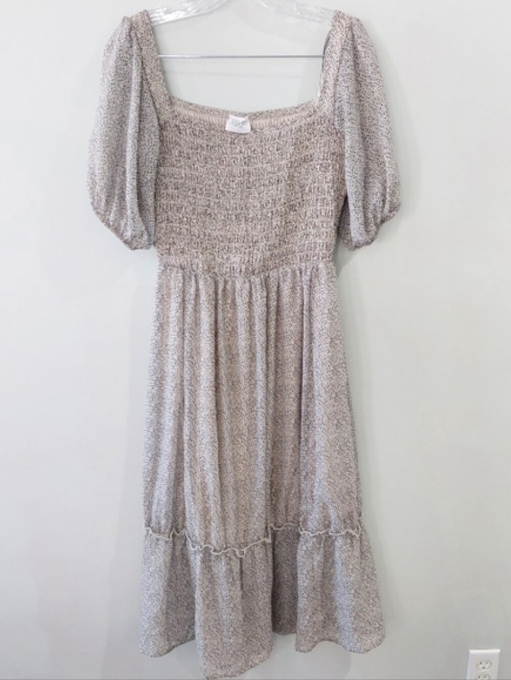 Sienna Sky Maxi Dress Large Black Tan Animal Print A-line Puff Sleeves Smocked